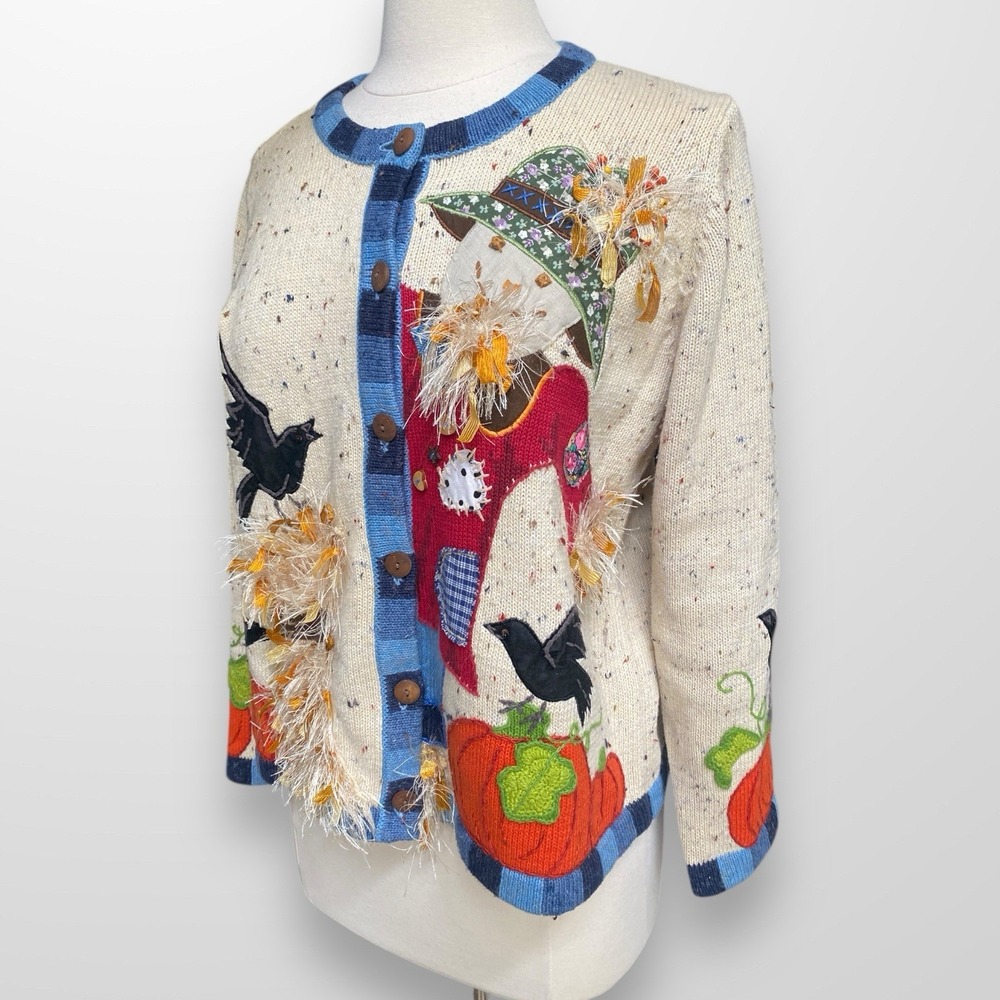 Design Options Philip Jane‎ Gordon M Sweater Scarecrow Fall Pumpkin Crow VTG